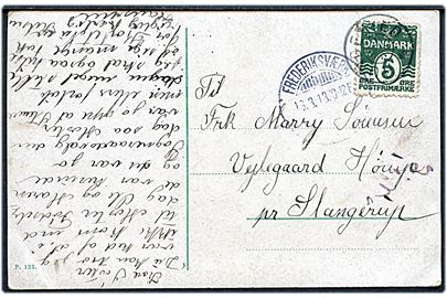5 øre Bølgelinie på brevkort annulleret med stjernestempel HUNDESTED og sidestemplet Frederiksværk d. 16.3.1913 til Slangerup.