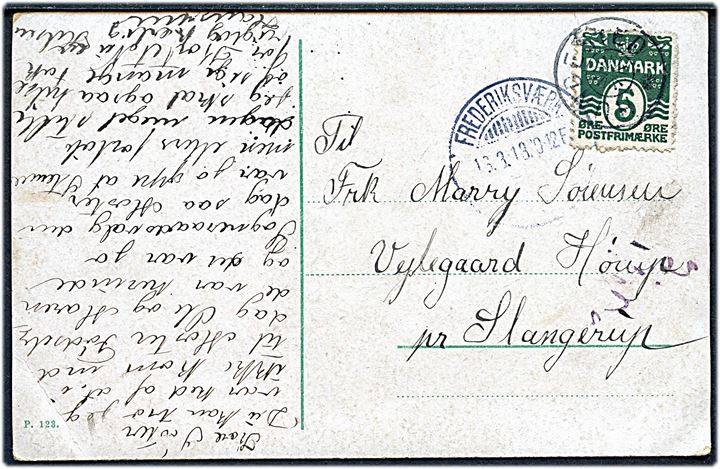5 øre Bølgelinie på brevkort annulleret med stjernestempel HUNDESTED og sidestemplet Frederiksværk d. 16.3.1913 til Slangerup.