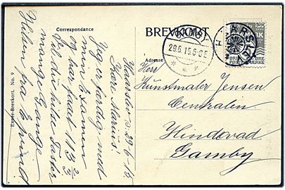 3 øre Bølgelinie på brevkort annulleret med stjernestempel HAARSLEV og sidestemplet Gamby d. 29.6.1915 til Hindevad pr. Gamby.