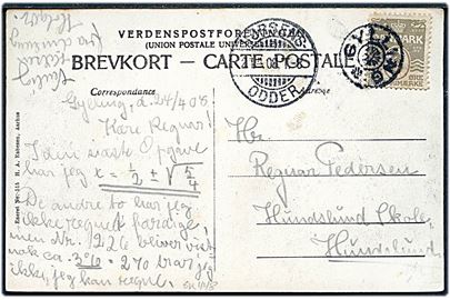 3 øre Bølgelinie på lokalt brevkort annulleret med stjernestempel GYLLING og sidestemplet bureau Horsens - Odder T.8 d. 24.4.1908 til Hundslund.