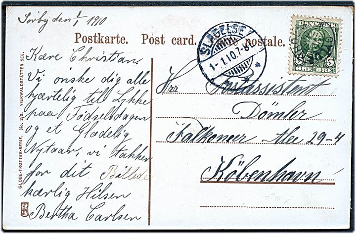 5 øre Fr. VIII på brevkort annulleret med stjernestempel GYLDENHOLM og sidestemplet Slagelse d. 1.1.1910 til København.