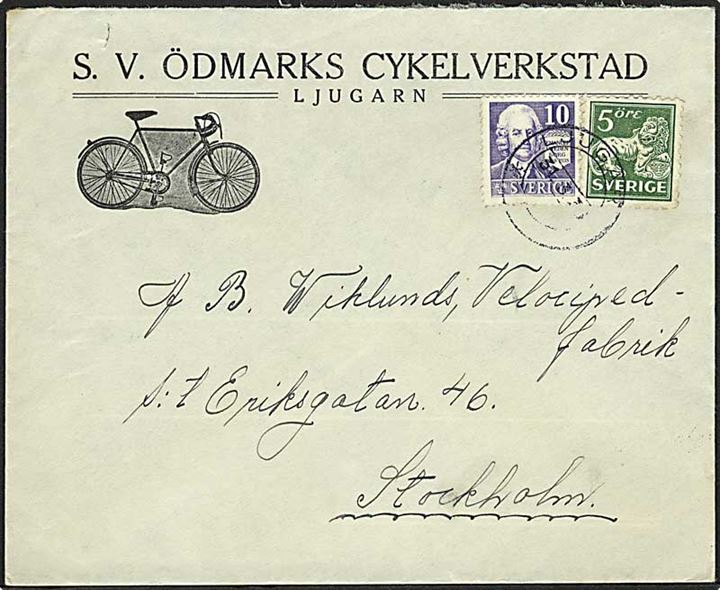 5 öre Løve og 10 öre Swedenborg på illustreret firmakuvert fra Ödmarks Cykel-verkstad da. 31.3.(ca. 1938) til Stockholm.