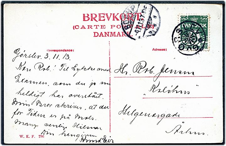 5 øre Bølgelinie på brevkort annulleret med stjernestempel GJØRSLEV og sidestemplet Borup d. 4.11.1913 til Aarhus.