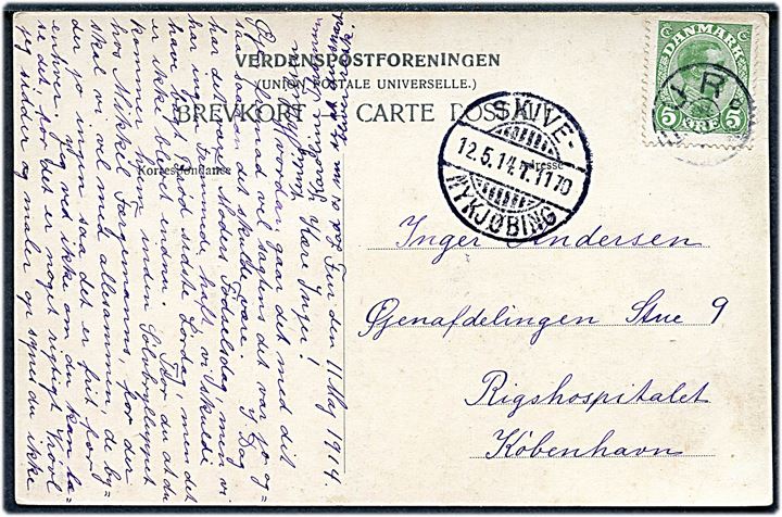 5 øre Chr. X på brevkort annulleret med stjernestempel FUR og sidestemplet Skive - Nykjøbing T.1170 d. 12.5.1914 til København.