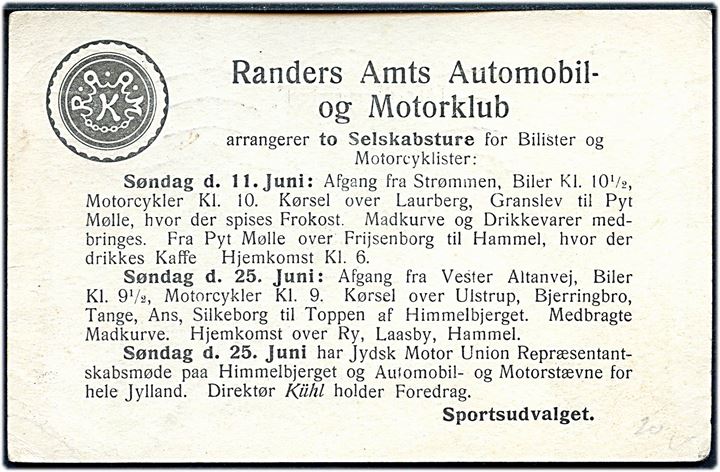 8 øre Bølgelinie helsagsbrevkort (fabr. 66-H) opfrankeret med 8/12 øre Provisorium fra Randers d. 2.6.1922 til Viborg. På bagsiden fortrykt meddelelse fra Rander Amts Automobil- og Motorklub.
