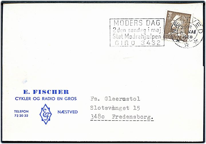 50 øre Fr. IX på brevkort annulleret med TMS Moders Dag 2den søndag i maj Støt Mødrehjælpen GIRO 3432/Næstved *** d. 6.5.1968 til Fredensborg.