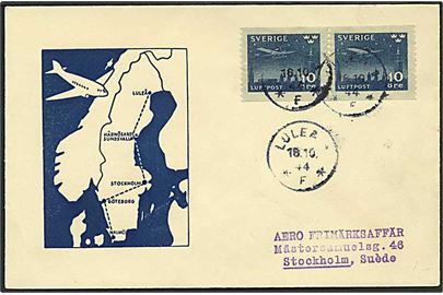 10 öre Luftpost i parstykke på illustreret indenrigs luftpostkuvert fra Luleå d. 16.10.1944 til Stockholm.