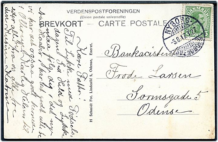 5 øre Chr. X på brevkort annulleret med bureaustempel Nyborg - Svendborg T.27 d. 5.8.1917 til Odense.