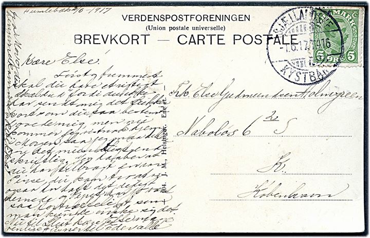 5 øre Chr. X på brevkort (Tibberup Mølle) dateret i Humlebæk og annulleret med bureaustempel Sjællandske Kystbane T.416 d. 1.6.1917 til København.