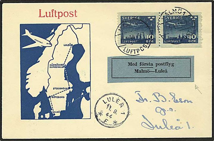10 öre Luftpost i parstykke på illustreret indenrigs luftpostkuvert fra Malmö d. 11.9.1944 til Luleå.