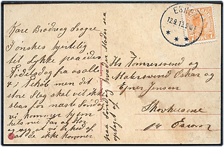 7 øre Chr. X på lokalt brevkort annulleret med brotype IIIb Esrom d. 12.9.1919.
