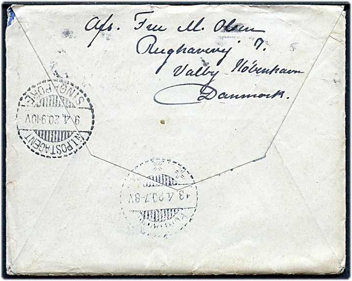 2 øre Bølgelinie og 5 øre Chr. X (5) på brev fra København d. 6.3.1920 via N.I.Postagent Singapore d. 9.4.1920 til dansk militærapoteker Th. Møller i Pontianak, Borneo, Hollandsk Ostindien.