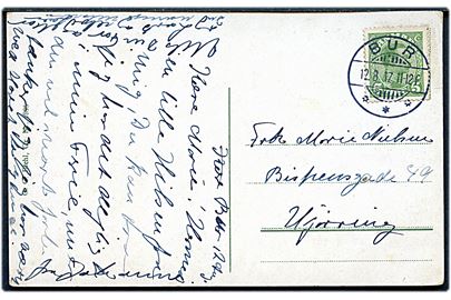 5 øre Chr. X på brevkort annulleret med brotype Ia Bur d. 12.8.1917 til Hjørring.