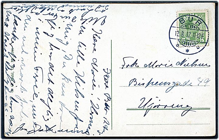5 øre Chr. X på brevkort annulleret med brotype Ia Bur d. 12.8.1917 til Hjørring.