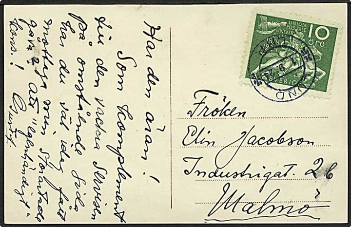 10 öre UPU Jubilæum på brevkort fra Lund d. 1.9.1924 til Malmö.