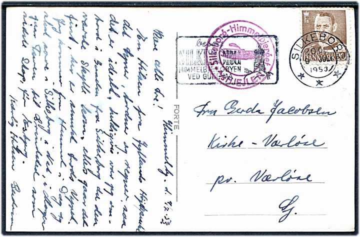 20 øre Fr. IX på brevkort (Udsigt fra Himmelbjerget) fra Silkeborg d. 9.7.1953 og sidestemplet Silkeborg - Himmelbjerget * A/S Hjejlen * til Værløse.