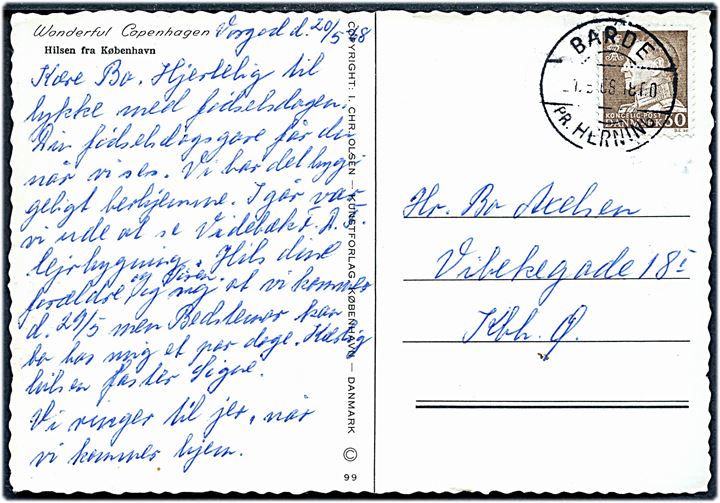 50 øre Fr. IX på brevkort annulleret med pr.-stempel Barde pr. Herning d. 21.5.1968 til København.
