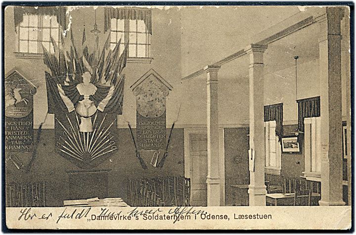 5 øre Soldaterfrimærke på brevkort (Interiør fra Dannevirkes soldaterhjem i Odense) stemplet Odense d. 20.11.1917 til Askeby på Møn.