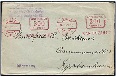 300 kr. posthusfranko frankeret infla tryksag fra St. Josefs-Kinderheim i Wien d. 16.1.1923 til København, Danmark.