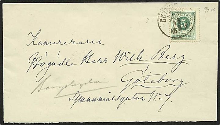 5 öre Ringtype på lokalbrev i Göteborg d. 13.9.1885.