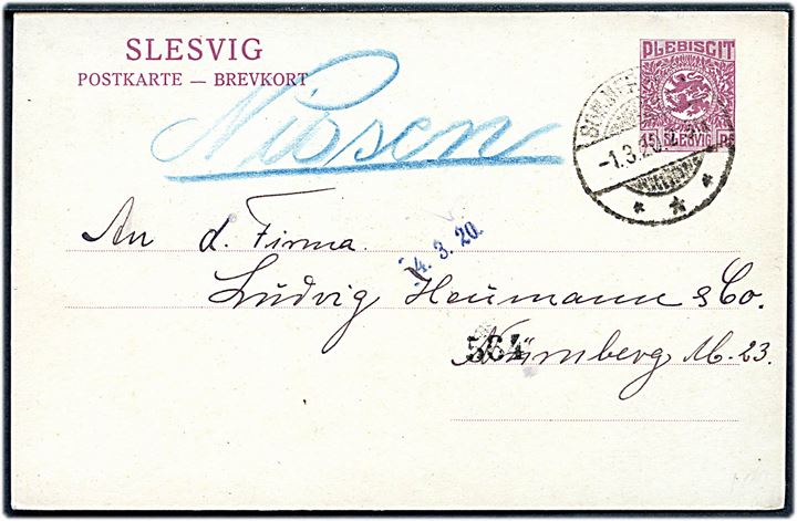 15 pfg. Fælles udg. helsagsbrevkort stemplet Sommerstedt d. 1.3.1920 til Nürnberg, Tyskland.