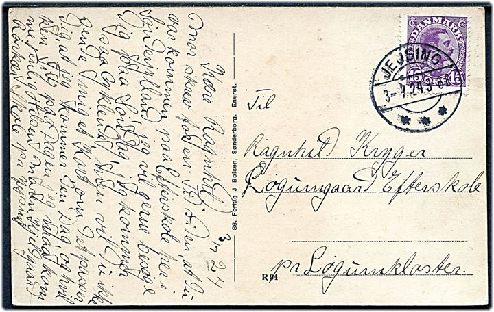 15 øre Chr. X på brevkort annulleret med brotype IIb Jejsing d. 3.7.1924 til Løgumkloster.