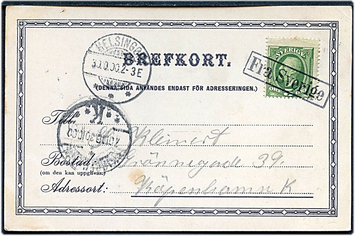 5 öre Oscar II på brevkort (Færge i Helsingborg) annulleret med skibsstempel Fra Sverige og sidestemplet Helsingør d. 30.10.1900 til København.