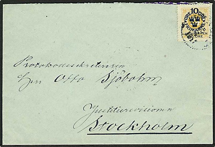 10+10/20 öre Landstorm provisorium på brev med svagt stempel 1917 til Stockholm.