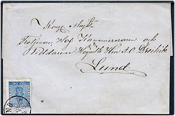 12 öre Våben på brev stemplet Lund d. 18.5.1865 til Lund.