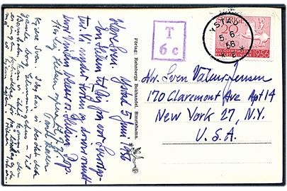 20 öre XVI Olympiske Ridekonkurrence på underfrankeret brevkort (Havneparti fra Simrishamn) annulleret Ystad d. 5.6.1956 til New York, USA. Violet portostempel T 6 c.