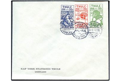 10 øre, 15 øre og 30 øre Thule udg. på uadresseret fortrykt kuvert fra Kap York Stationen Thule Grønland annulleret Thule Grønland d. 30.8.1935.