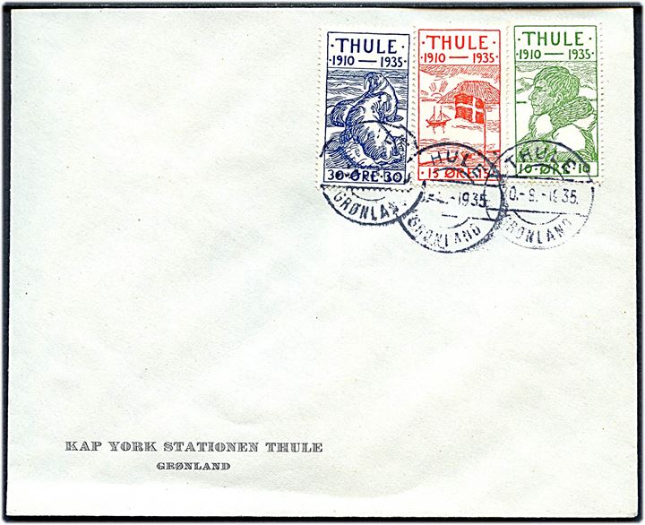 10 øre, 15 øre og 30 øre Thule udg. på uadresseret fortrykt kuvert fra Kap York Stationen Thule Grønland annulleret Thule Grønland d. 30.8.1935.