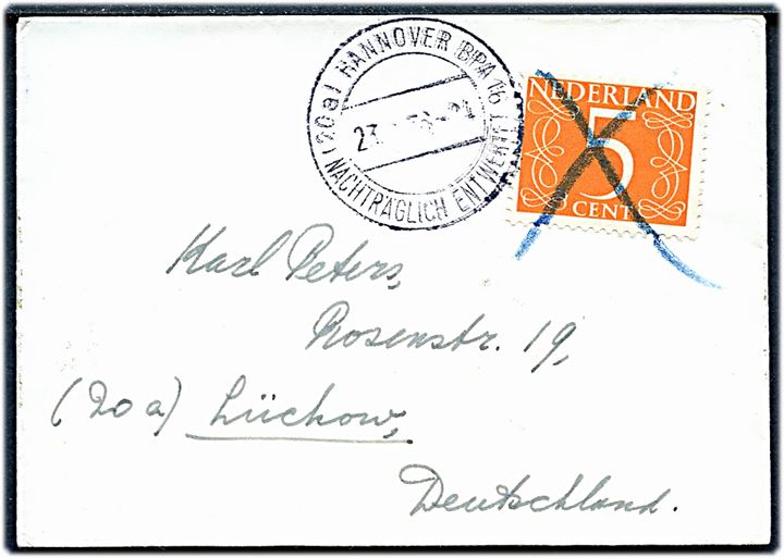 5 c. Ciffer på tryksag annulleret med kryds og sidestemplet i Tyskland med (20a) Hannover BPA 16 Nachträglich Entwertet d. 23.?.1956 til Lückow, Tyskland.