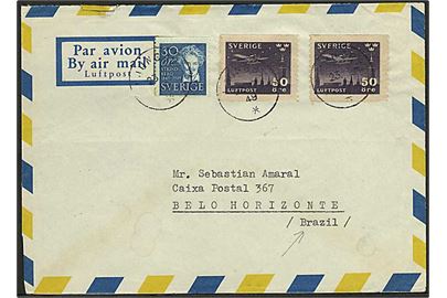 50 öre Luftpost (2) og 30 öre Strindberg på luftpostbrev fra Ljungby d. 23.6.1949 til Belo Horizonte, Brasilien.