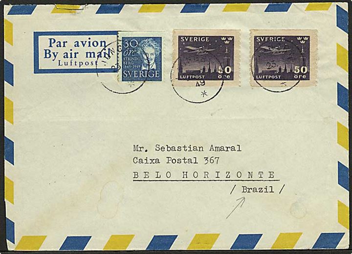 50 öre Luftpost (2) og 30 öre Strindberg på luftpostbrev fra Ljungby d. 23.6.1949 til Belo Horizonte, Brasilien.