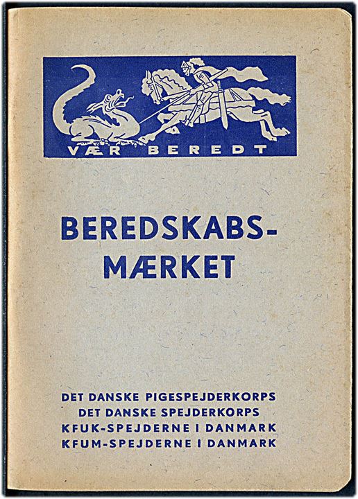 Beredskabsmærket. Instruktionspjece (100 sider) for Spejdernes Hjælpekorps 1952 udgivet af Det danske Pigespejderkorps, Det danske Spejderkorps, KFUK-Spejderne i Danmark og KFUM-Spejderne i Danmark.