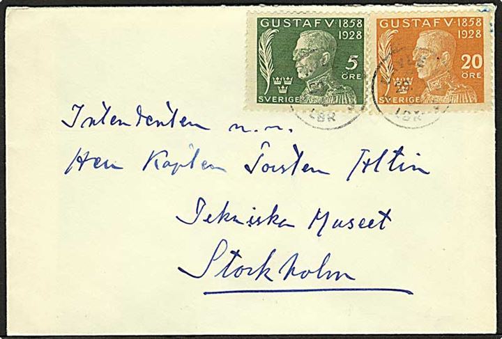 5+5 öre og 20+5 öre Gustaf 70 år på brev fra Gävle d. 29.11.19xx til Stockholm.