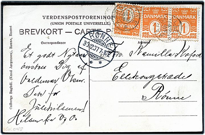 1 øre Bølgelinie (3) på lokalt brevkort annulleret med stjernestempel AARSBALLE og sidestemplet Rønne d. 30.12.1907 til Rønne.