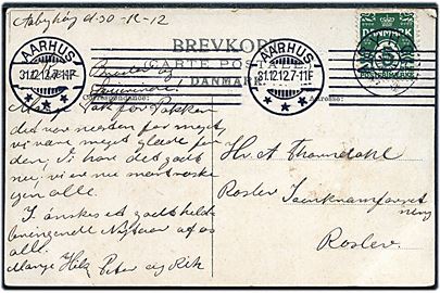 5 øre Bølgelinie på brevkort annulleret med stjernestempel AABYHØJ og sidestemplet Aarhus d. 31.12.1912 til Roslev.