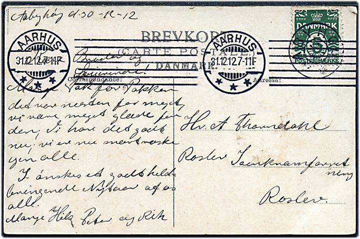 5 øre Bølgelinie på brevkort annulleret med stjernestempel AABYHØJ og sidestemplet Aarhus d. 31.12.1912 til Roslev.