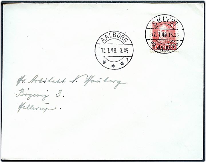 20 øre Chr. X på brev annulleret med stjernestempel Sølyst pr. Aalborg d. 12.1.1948 og sidestemplet Aalborg d. 13.1.1948 til Hellerup.