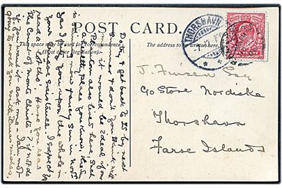 1d Edward VII på brevkort fra London d. 22.11.1906 til Thorshavn, Færøerne. Ank.stemplet brotype Ig Thorshavn d. 7.12.1906.