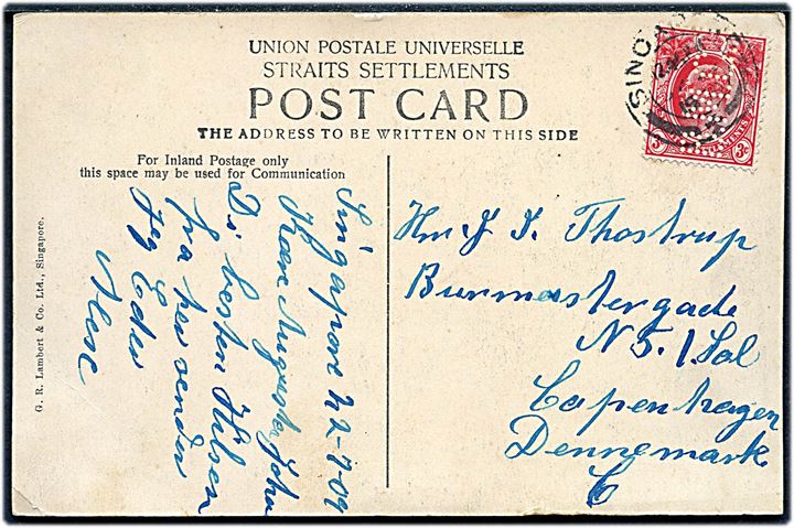 3 c. Edward VII med perfin BMC (= Behn Meyer & Co.) på brevkort fra Singapore d. 22.7.1909 til København, Danmark.