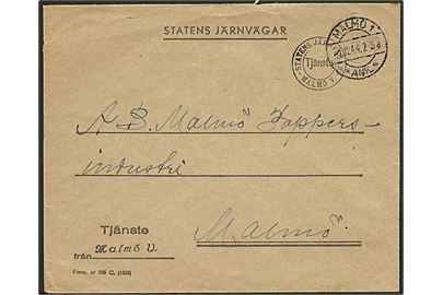 Ufrankeret fortrykt tjeneste kuvert fra Statens Järnvägar sendt lokalt i Malmö d. 1.12.1944