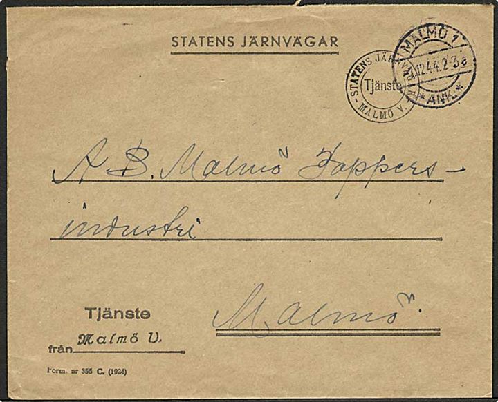 Ufrankeret fortrykt tjeneste kuvert fra Statens Järnvägar sendt lokalt i Malmö d. 1.12.1944