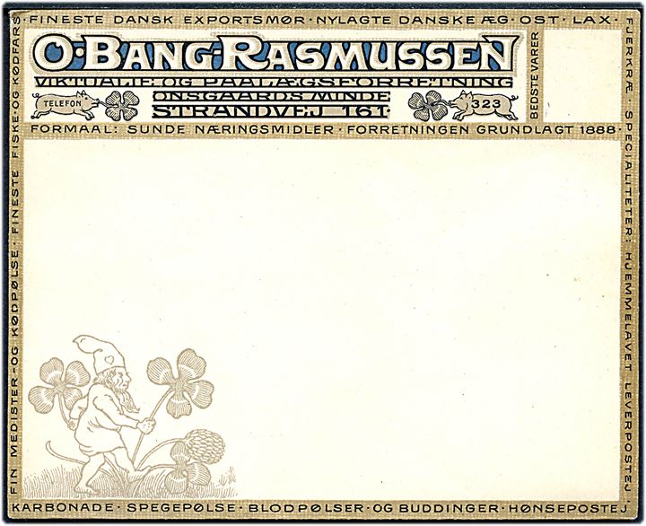 Illustreret firmakuvert fra O. Bang Rasmussen Viktualie & Paalægsforretning, Strandvej 161. Ubrugt.