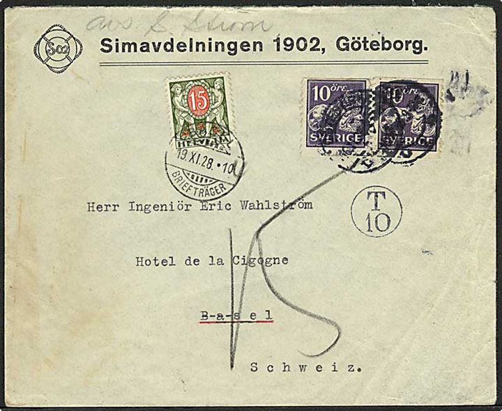 10 öre Løve (2) på underfrankeret brev fra Göteborg d. 16.11.1928 til Basel, Schweiz. 15 c. Portomærke stemplet Basel d. 19.11.1928. Rundt portostempel T 10.