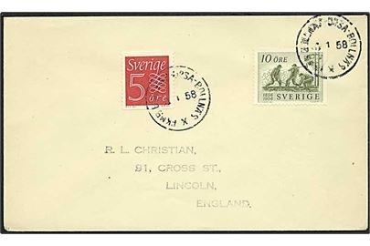 10 Jernbane og 5 öre Ciffer på filatelistisk brev annulleret med bureaustempel FKMB Bollnäs-Orsa-Bollnäs d. 3.1.1958 til Lincoln, England.