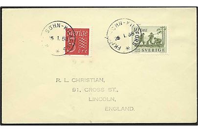 10 Jernbane og 5 öre Ciffer på filatelistisk brev annulleret med bureaustempel FKMB Söhn - Kilafors d. 25.1.1958 til Lincoln, England.