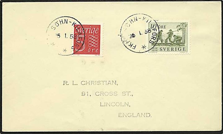 10 Jernbane og 5 öre Ciffer på filatelistisk brev annulleret med bureaustempel FKMB Söhn - Kilafors d. 25.1.1958 til Lincoln, England.